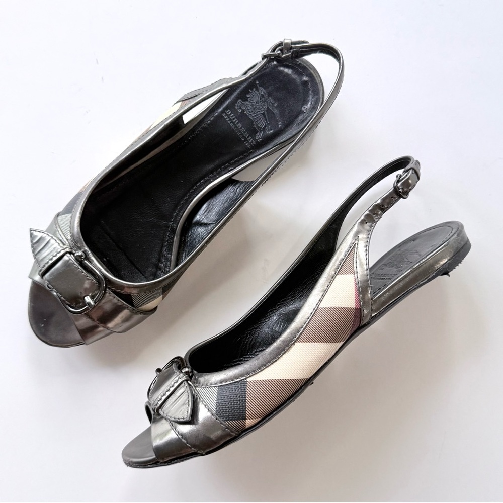 Burberry Pewter Metallic Leather and Nova Check Peep Toe Slingback Flats Size 36